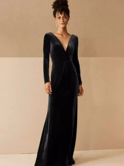 Robe de soirée robe cérémonie femme verte col V manche longue décollecté au sol