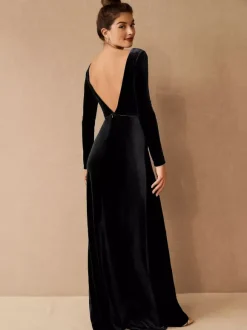 Robe de soirée robe cérémonie femme verte col V manche longue décollecté au sol