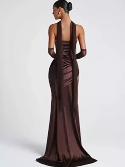 Robe de soirée robe de bal décolleté travaillé satin élastique effet soie avec traîne plissée robe de soirée formelle
