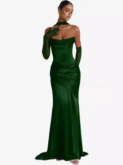 Robe de soirée robe de bal décolleté travaillé satin élastique effet soie avec traîne plissée robe de soirée formelle