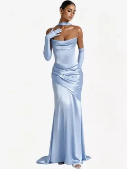 Robe de soirée robe de bal décolleté travaillé satin élastique effet soie avec traîne plissée robe de soirée formelle