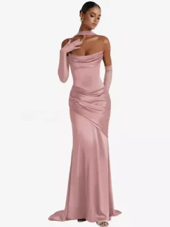 Robe de soirée robe de bal décolleté travaillé satin élastique effet soie avec traîne plissée robe de soirée formelle