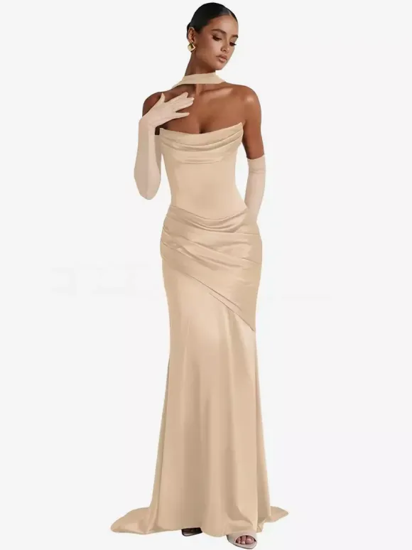 Robe de soirée robe de bal décolleté travaillé satin élastique effet soie avec traîne plissée robe de soirée formelle