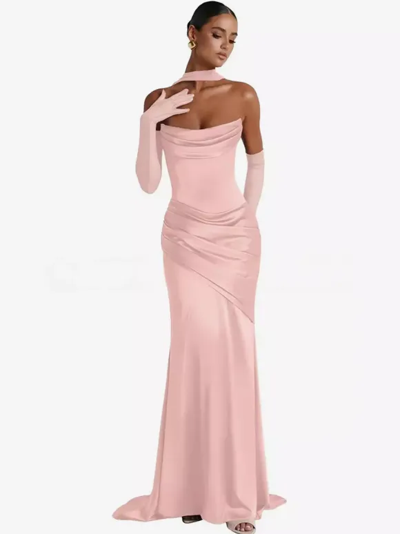 Robe de soirée robe de bal décolleté travaillé satin élastique effet soie avec traîne plissée robe de soirée formelle