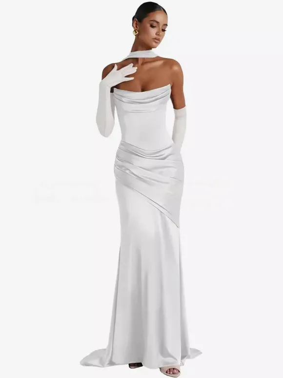 Robe de soirée robe de bal décolleté travaillé satin élastique effet soie avec traîne plissée robe de soirée formelle
