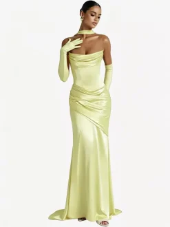 Robe de soirée robe de bal décolleté travaillé satin élastique effet soie avec traîne plissée robe de soirée formelle