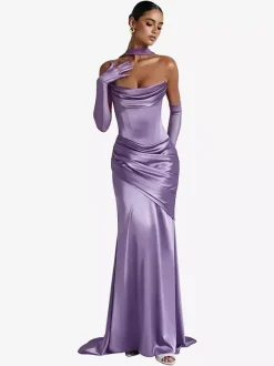Robe de soirée robe de bal décolleté travaillé satin élastique effet soie avec traîne plissée robe de soirée formelle