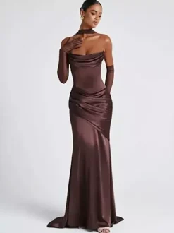 Robe de soirée robe de bal décolleté travaillé satin élastique effet soie avec traîne plissée robe de soirée formelle