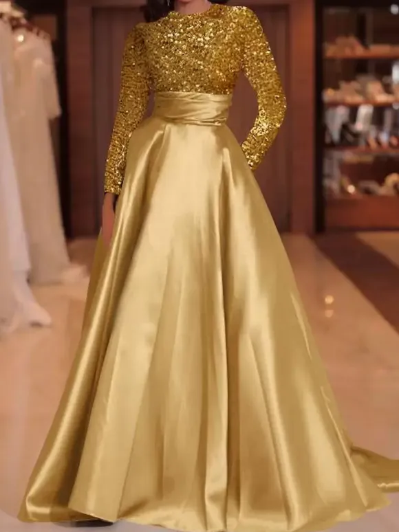 Robe de soirée robe de bal col bijou avec traîne manches longues fermeture éclair paillettes velours robes de concours sociales