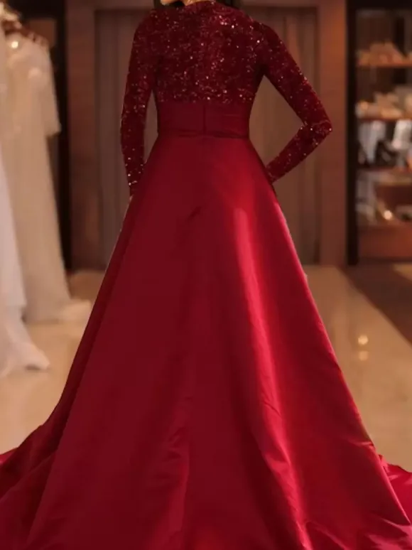 Robe de soirée robe de bal col bijou avec traîne manches longues fermeture éclair paillettes velours robes de concours sociales