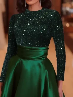 Robe de soirée robe de bal col bijou avec traîne manches longues fermeture éclair paillettes velours robes de concours sociales