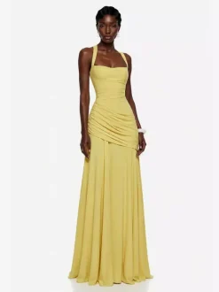 Robe de soirée robe de bal décolleté travaillé en polyester longue jusqu'au sol plissée robe de soirée formelle