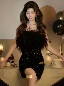 Robe de soirée robe de bal bustier courte sans manches fermeture éclair plumes polyester robes de dîner formelles