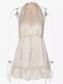 Robe de soirée romantique mini plissée à lacets sans manches dos nu couleur champagne