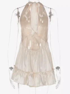 Robe de soirée romantique mini plissée à lacets sans manches dos nu couleur champagne