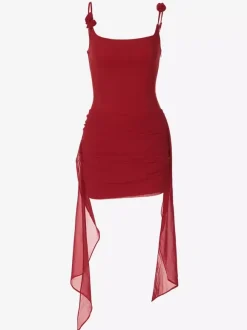Robe de soirée rouge-brun à col carré bretelles fleuries dos lacé et froncée mini-robe de club