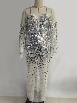 Robe de soirée sexy à bretelles dorées col à sequins manches longues dos nu en polyester.