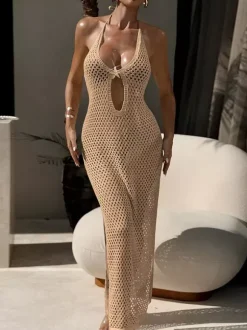 Robe de soirée sexy en résille découpée dos nu fente haute transparente idéale pour les fêtes en boîte de nuit