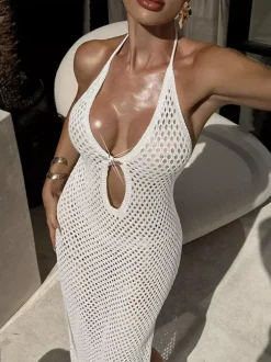 Robe de soirée sexy en résille découpée dos nu fente haute transparente idéale pour les fêtes en boîte de nuit