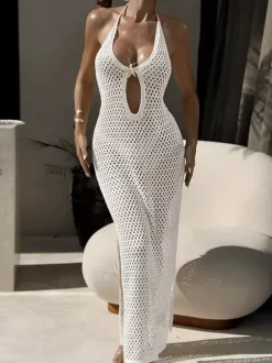 Robe de soirée sexy en résille découpée dos nu fente haute transparente idéale pour les fêtes en boîte de nuit