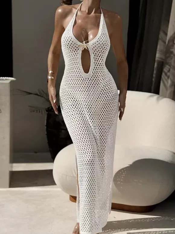 Robe de soirée sexy en résille découpée dos nu fente haute transparente idéale pour les fêtes en boîte de nuit