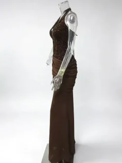Robe de soirée sirène à col halter et sequins ornée d'une taille froncée collection femme 2026