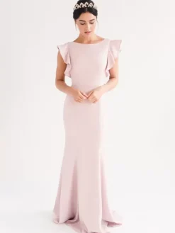 Robe de soirée sirène col en bijou avec traîne manches courtes dos nu volants tissu satiné robes de dîner formelles