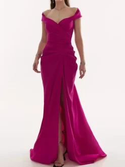 Robe de soirée sirène col en v avec fermeture éclair fente sur le devant tissu satiné robes de soirée sociale