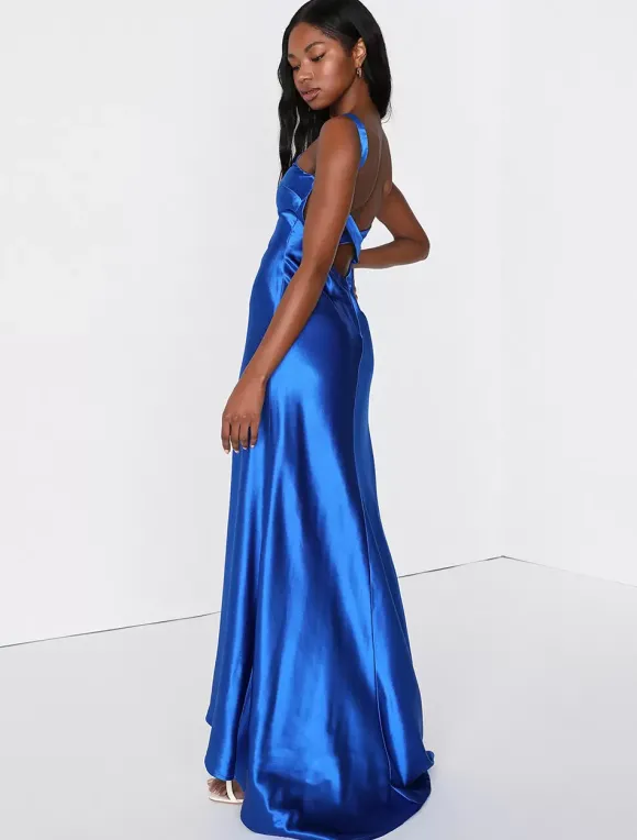 Robe de soirée sirène col en v avec traîne sans manches dos nu tissu satiné robes de soirée formelles