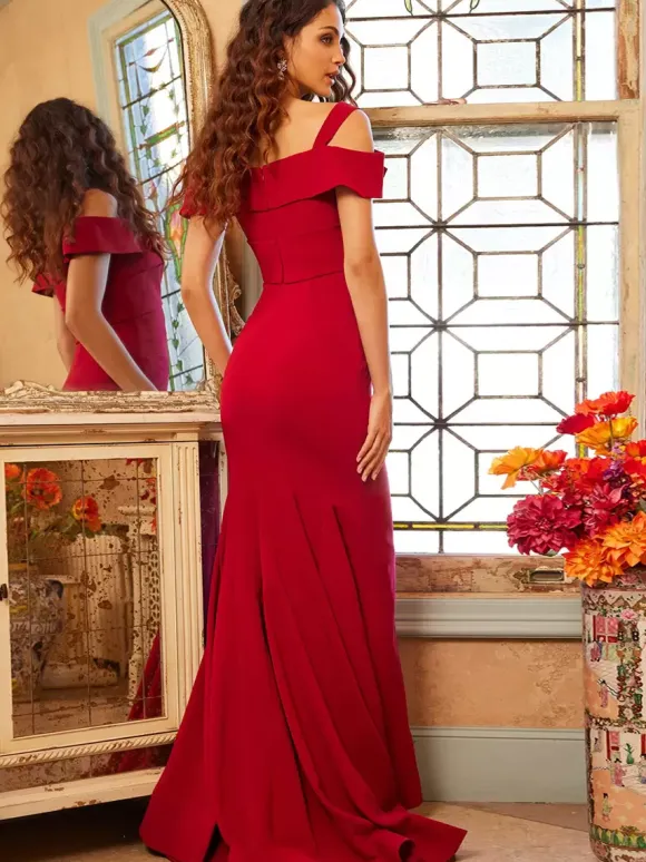 Robe de soirée sirène décolleté longueur au sol manches courtes fermeture éclair tissu satiné croisé robes de soirée formelles