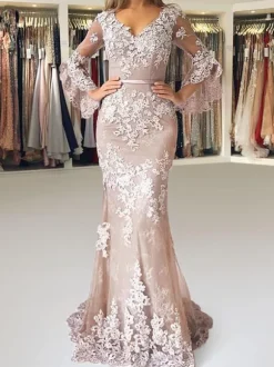 Robe de soirée sirène en satin col en V manches longues à zip Robe de soirée