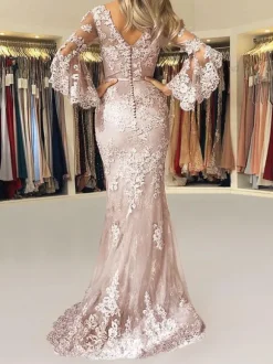 Robe de soirée sirène en satin col en V manches longues à zip Robe de soirée