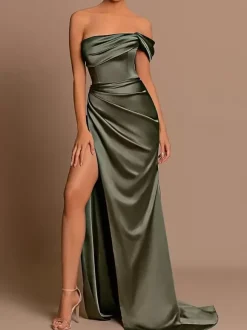 Robe de soirée sirène en Satin tissé élastique sans bretelles avec traîne fendue sur le devant robes de soirée sociale