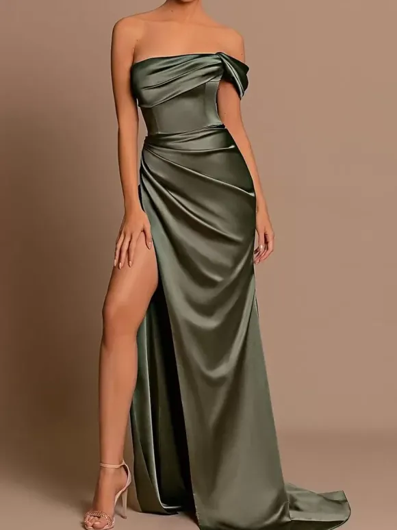 Robe de soirée sirène en Satin tissé élastique sans bretelles avec traîne fendue sur le devant robes de soirée sociale