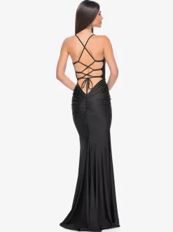 Robe de soirée sirène en tissu satiné col en V avec traîne robes de soirée formelles