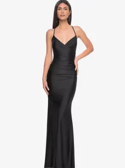 Robe de soirée sirène en tissu satiné col en V avec traîne robes de soirée formelles