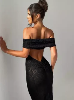 Robe de soirée sirène maxi dos nu en dentelle à épaules dénudées pour femmes 2026