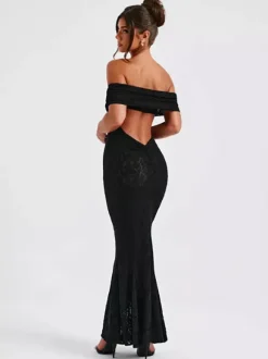 Robe de soirée sirène maxi dos nu en dentelle à épaules dénudées pour femmes 2026
