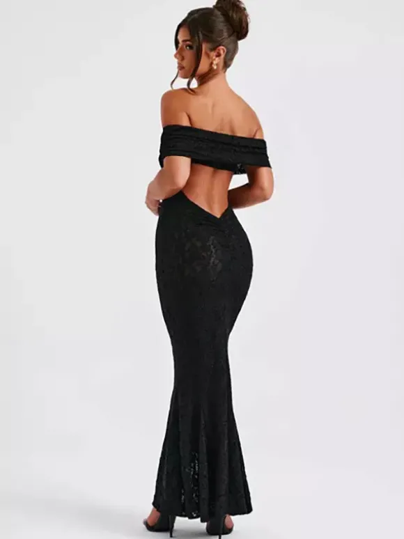 Robe de soirée sirène maxi dos nu en dentelle à épaules dénudées pour femmes 2026