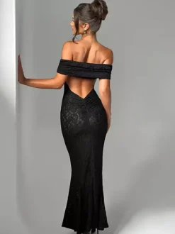 Robe de soirée sirène maxi dos nu en dentelle à épaules dénudées pour femmes 2026