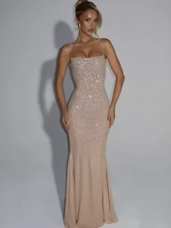 Robe de soirée sirène épaules dénudées longue sans manches lacée en tulle perlé robe de cérémonie