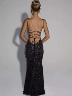 Robe de soirée sirène épaules dénudées longue sans manches lacée en tulle perlé robe de cérémonie