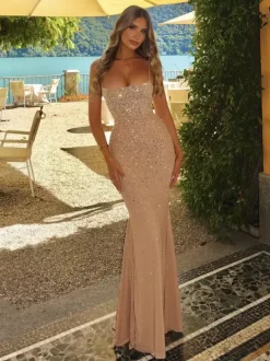 Robe de soirée sirène épaules dénudées longue sans manches lacée en tulle perlé robe de cérémonie