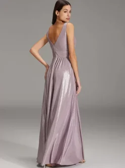 Robe de soirée trapèze à col en V et longueur au sol avec ceinture