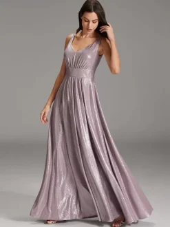 Robe de soirée trapèze à col en V et longueur au sol avec ceinture