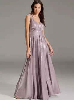 Robe de soirée trapèze à col en V et longueur au sol avec ceinture
