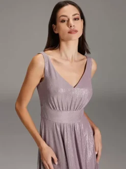 Robe de soirée trapèze à col en V et longueur au sol avec ceinture
