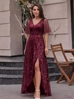 Robe de soirée trapèze à col en V ornée de sequins longue jusqu'au sol robe de cérémonie à sequins