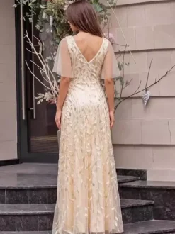 Robe de soirée trapèze à col en V ornée de sequins longue jusqu'au sol robe de cérémonie à sequins