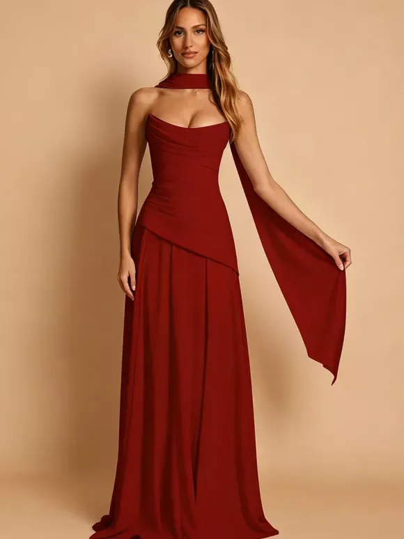 Robe de soirée trapèze bustier en mousseline avec traîne plissée robe de concours de beauté